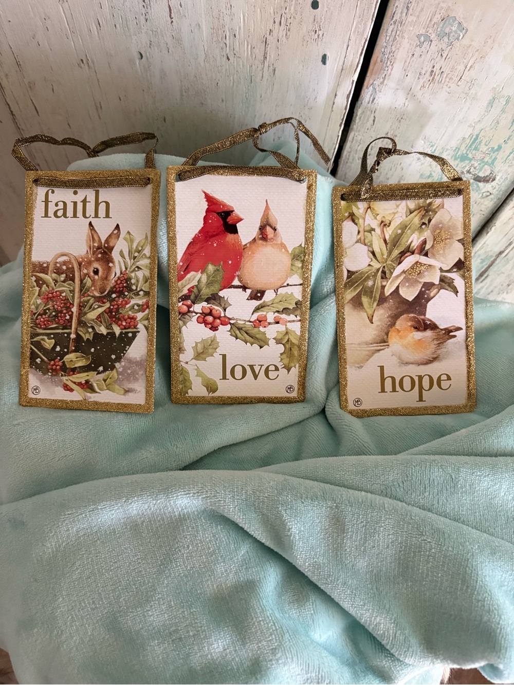 Faith Love Hope Holiday Hanging Plaque Set - Gold Trim